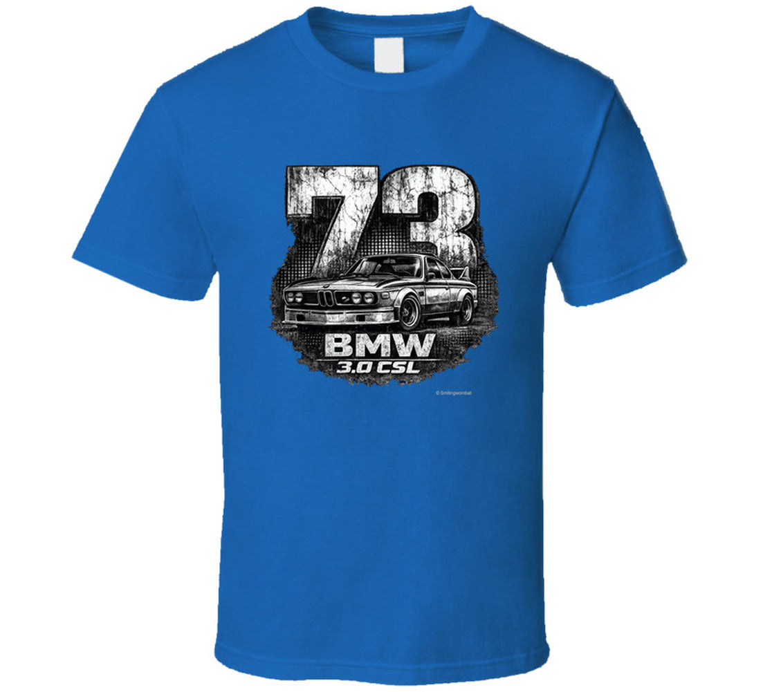 1973 BMW 3.0 CSL distressed vintage racing graphic t-shirt in royal blue