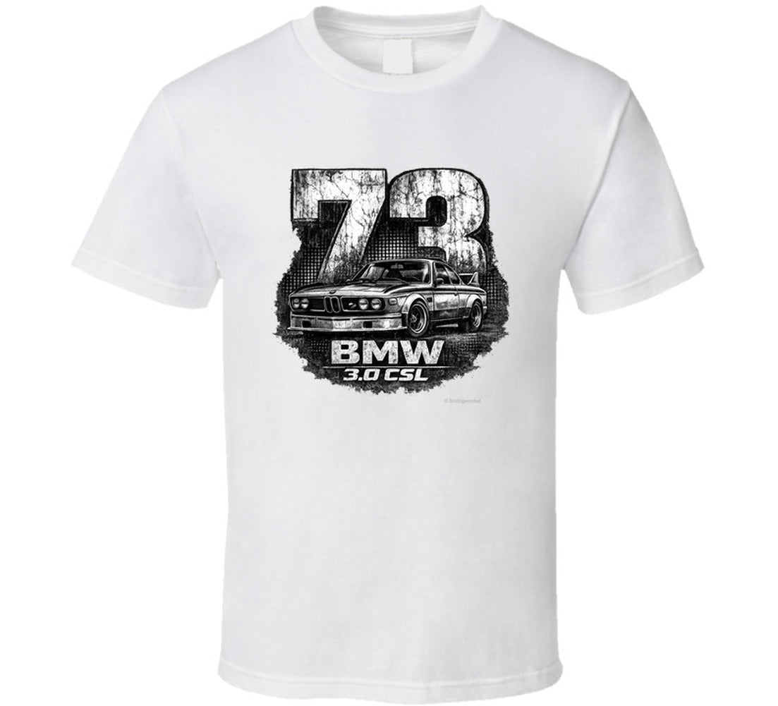 1973 BMW 3.0 CSL distressed vintage racing graphic t-shirt in white