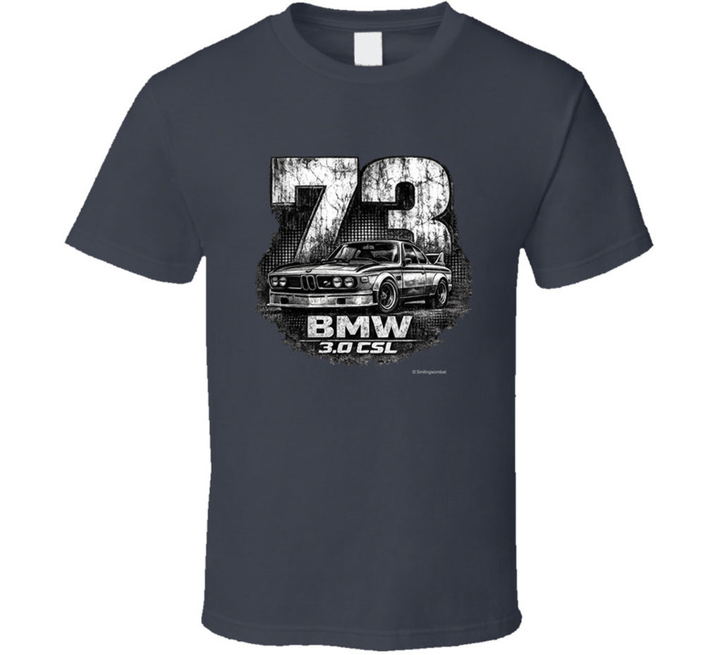 1973 BMW 3.0 CSL distressed vintage racing graphic t-shirt in charcoal grey