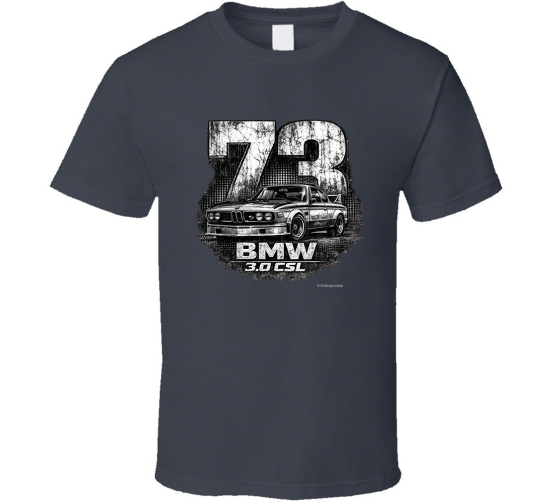 1973 BMW 3.0 CSL distressed vintage racing graphic t-shirt in charcoal grey
