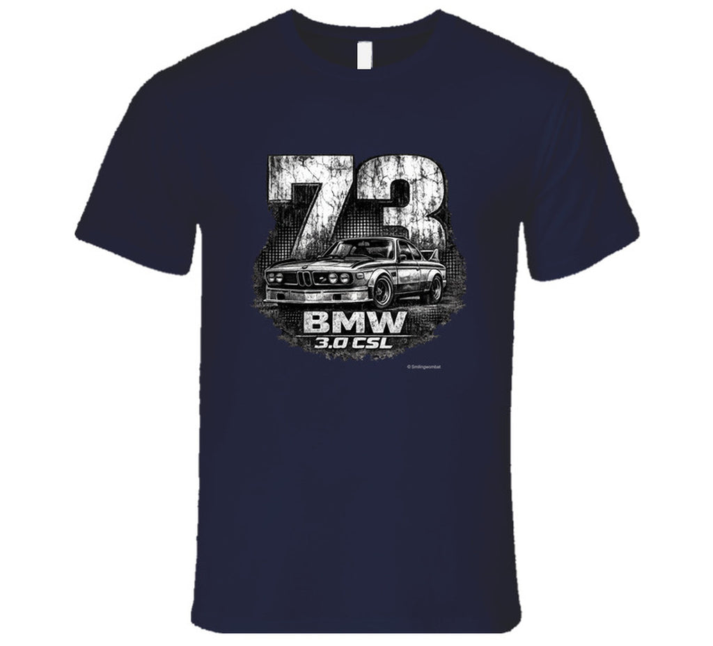 1973 BMW 3.0 CSL distressed vintage racing graphic t-shirt in navy
