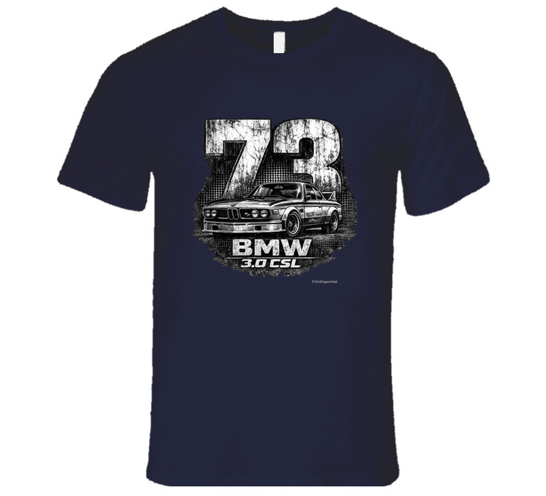 1973 BMW 3.0 CSL distressed vintage racing graphic t-shirt in navy