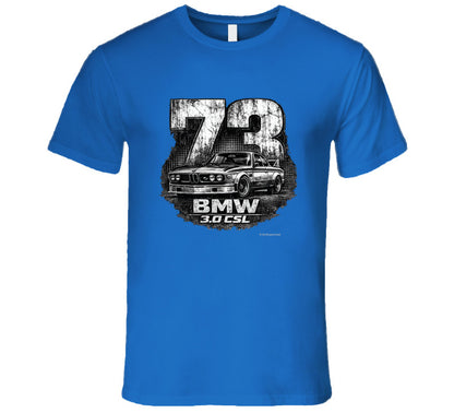 1973 BMW 3.0 CSL distressed vintage racing graphic t-shirt in royal blue
