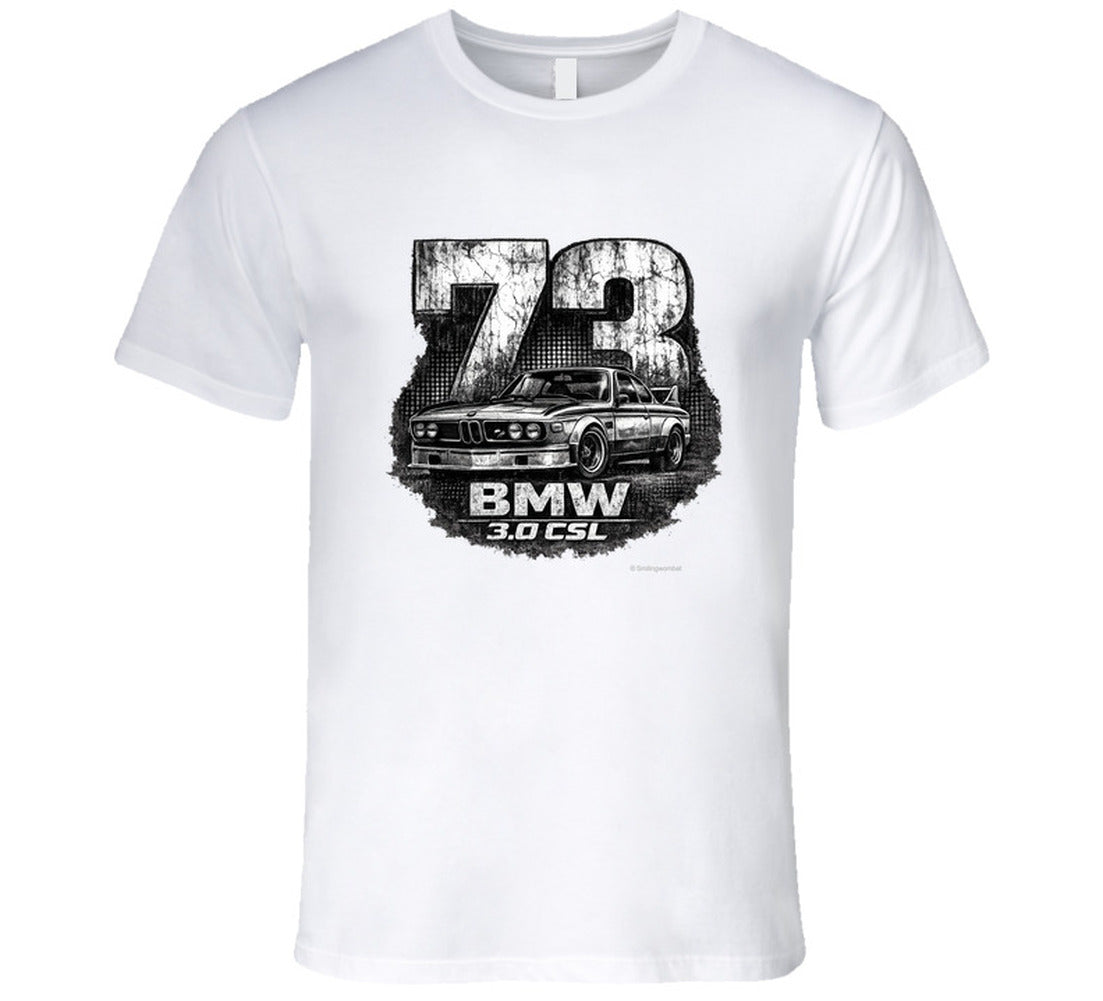 1973 BMW 3.0 CSL distressed vintage racing graphic t-shirt in white