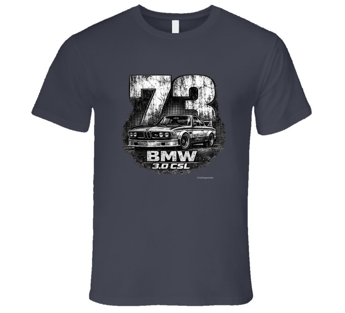 1973 BMW 3.0 CSL distressed vintage racing graphic t-shirt in charcoal grey