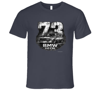 1973 BMW 3.0 CSL distressed vintage racing graphic t-shirt in charcoal grey