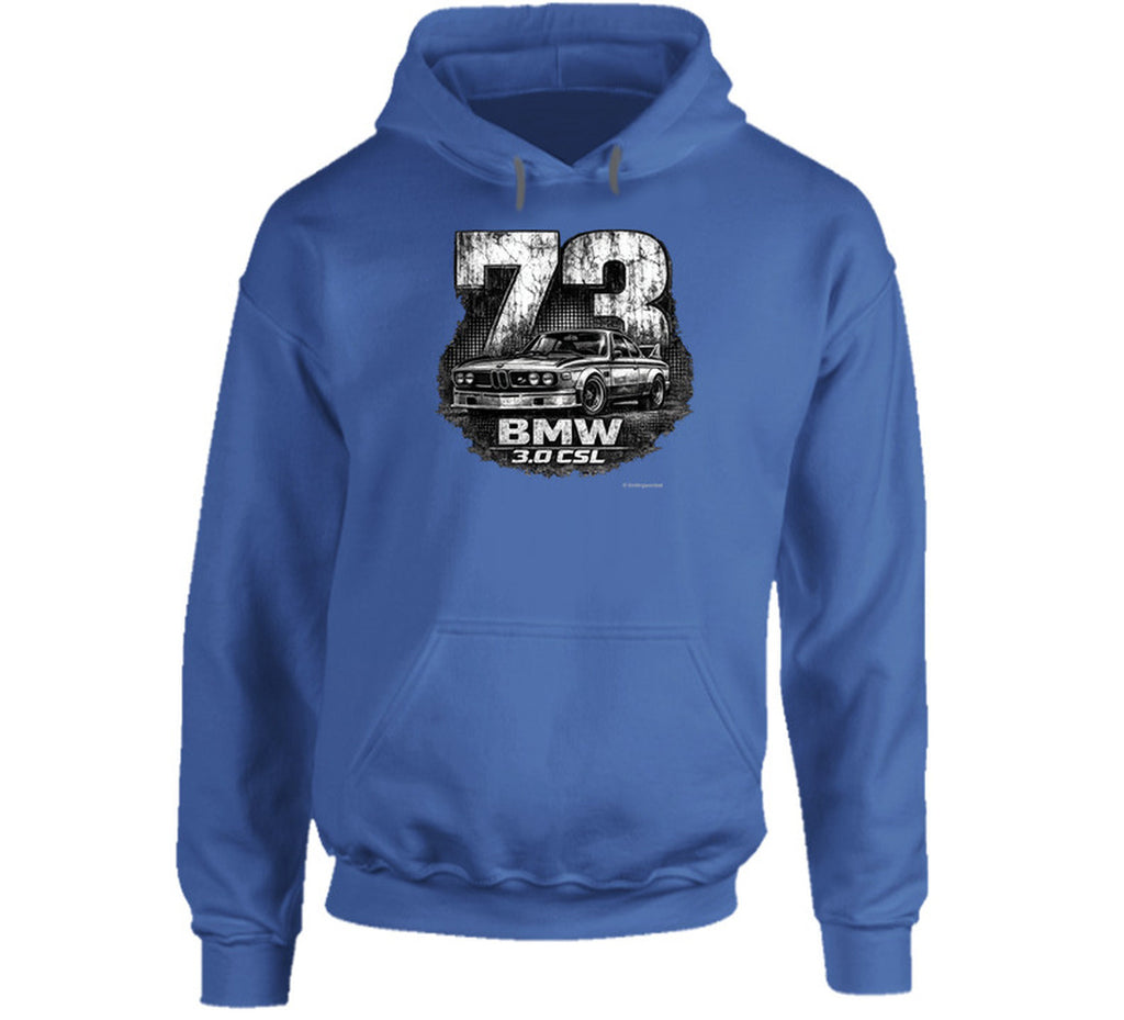 1973 BMW 3.0 CSL distressed vintage racing graphic hoodie in royal blue
