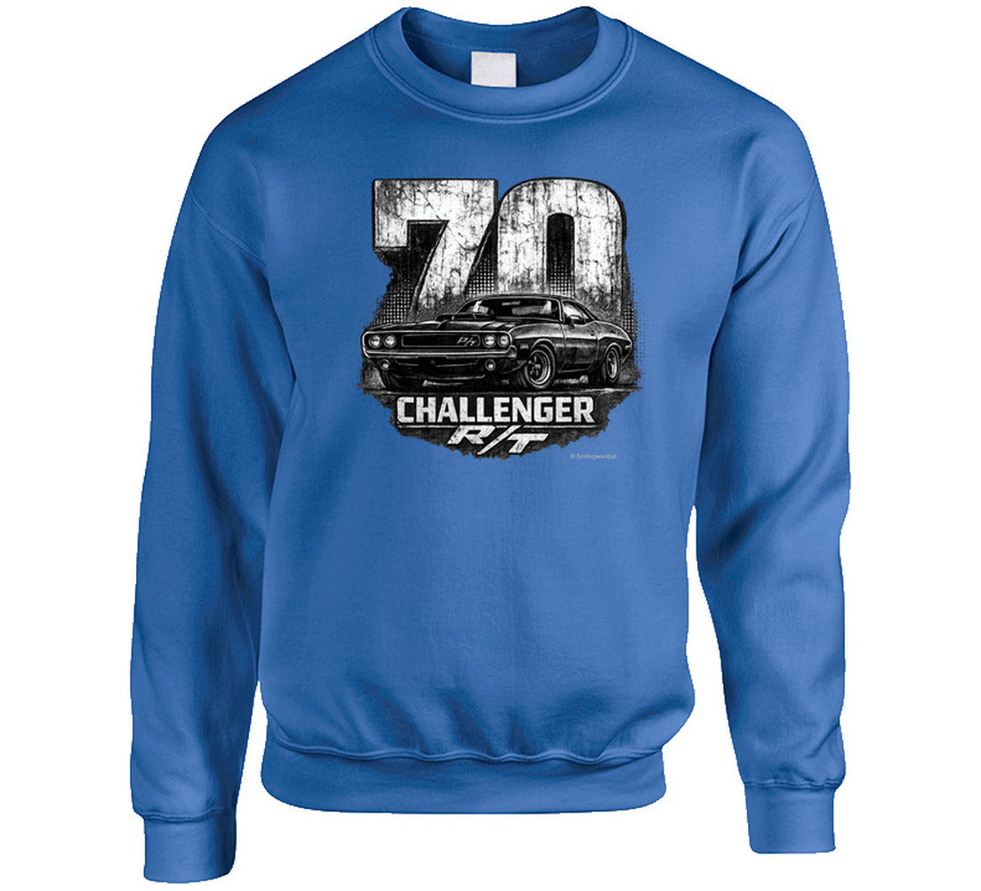 1970 Dodge Challenger R/T retro car sweatshirt in royal blue