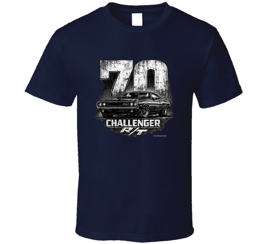 1970 Dodge Challenger R/T vintage automotive t-shirt in navy blue