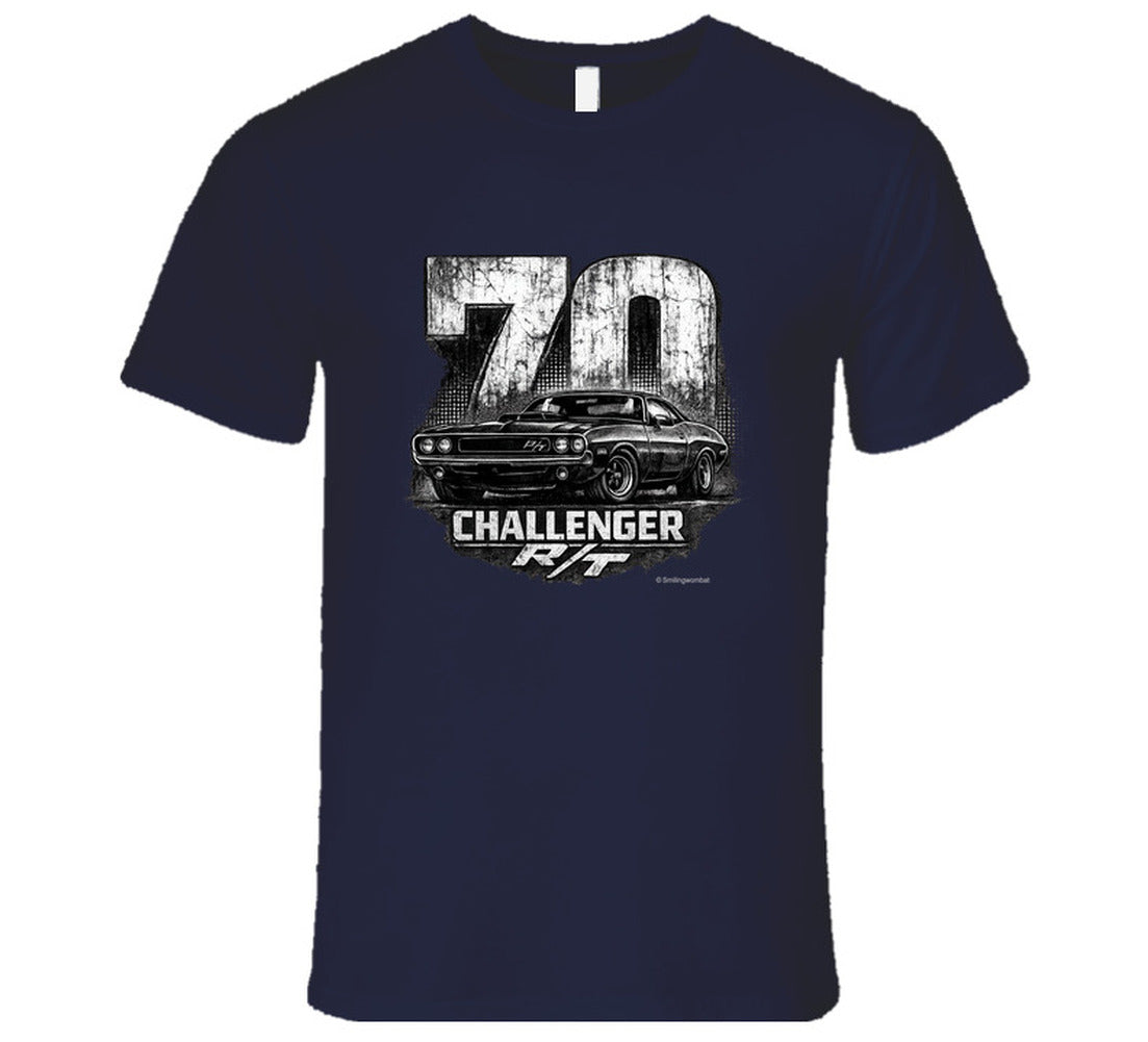 1970 Dodge Challenger R/T vintage automotive t-shirt in navy blue