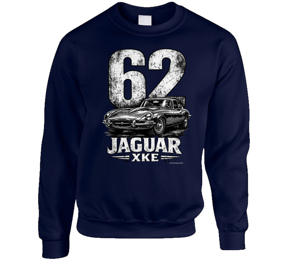 1962 Jaguar XKE retro car sweatshirt in navy blue