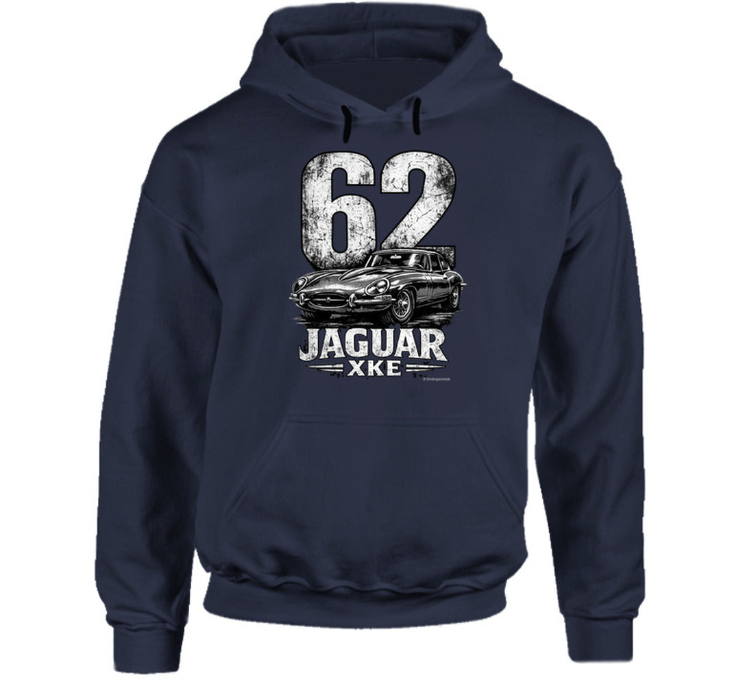 1962 Jaguar XKE retro automotive hoodie in navy blue