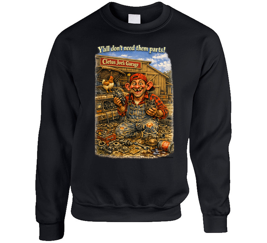 Cletus Joe's Garage funny mechanic graphic sweatshirt in black – Smiling Wombat
