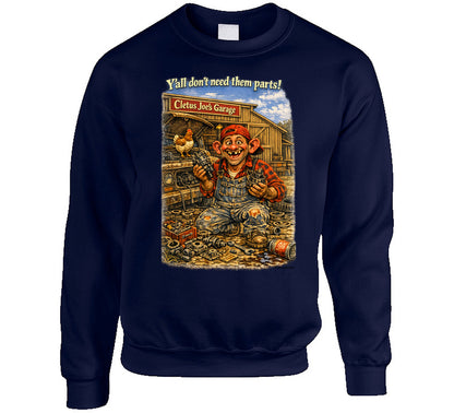 Cletus Joe's Garage funny mechanic graphic sweatshirt in navy – Smiling Wombat