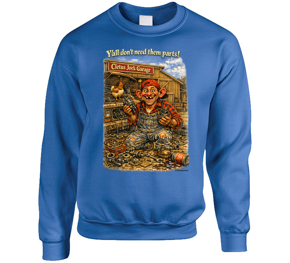 Cletus Joe's Garage funny mechanic graphic sweatshirt in royal blue – Smiling Wombat