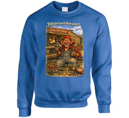 Cletus Joe's Garage funny mechanic graphic sweatshirt in royal blue – Smiling Wombat