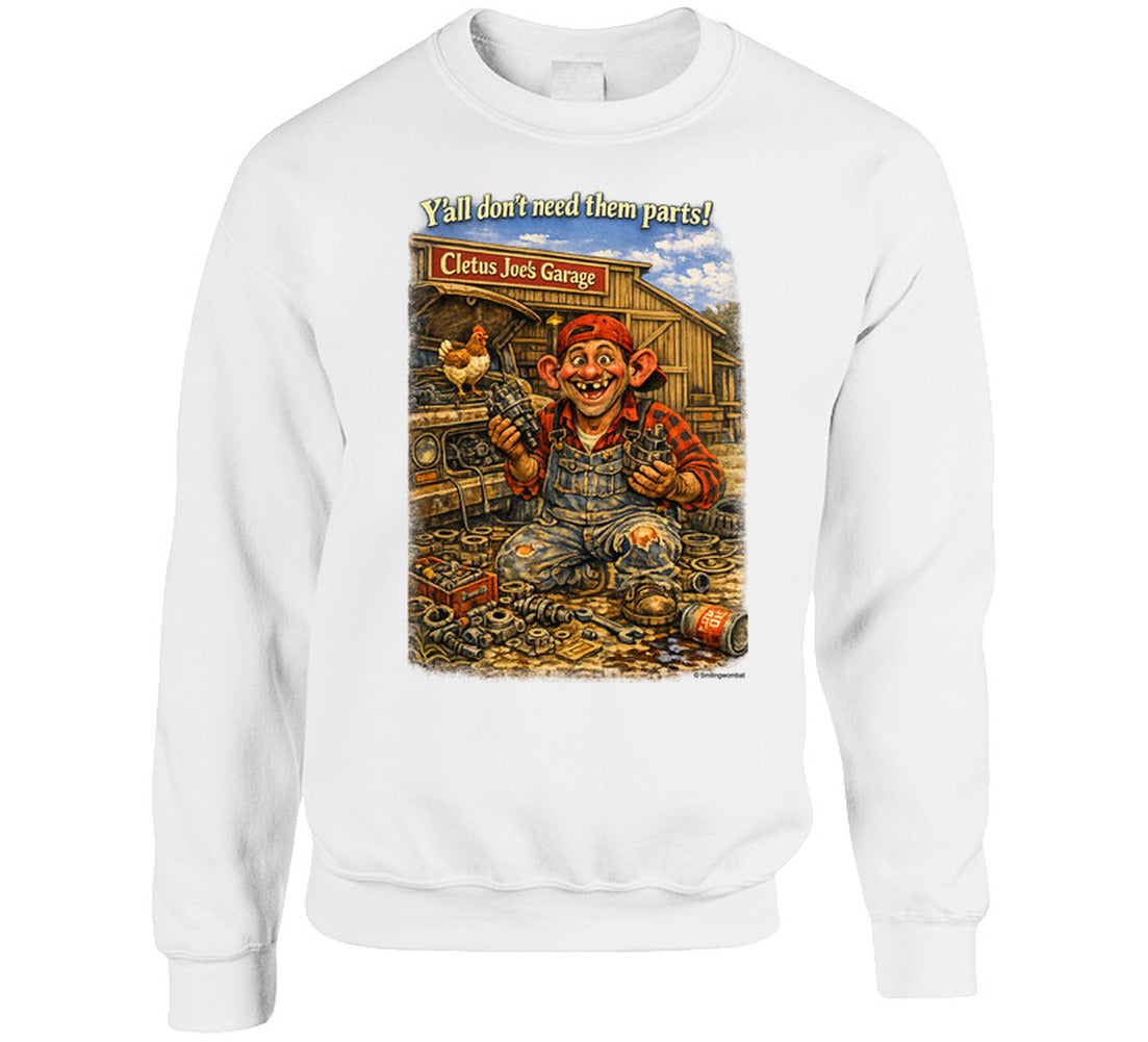 Cletus Joe's Garage funny mechanic graphic sweatshirt in white – Smiling Wombat