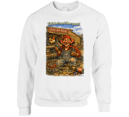 Cletus Joe's Garage funny mechanic graphic sweatshirt in white – Smiling Wombat