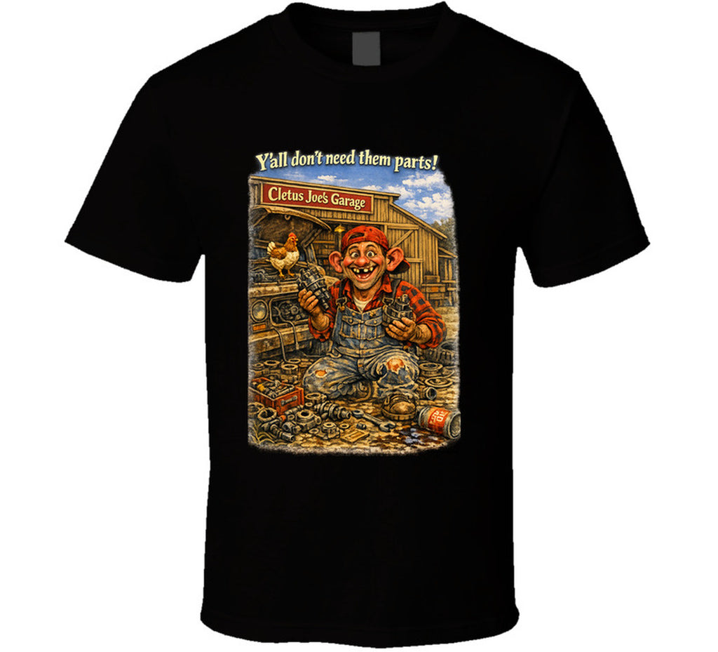 Cletus Joe's Garage funny mechanic graphic t-shirt in black – Smiling Wombat