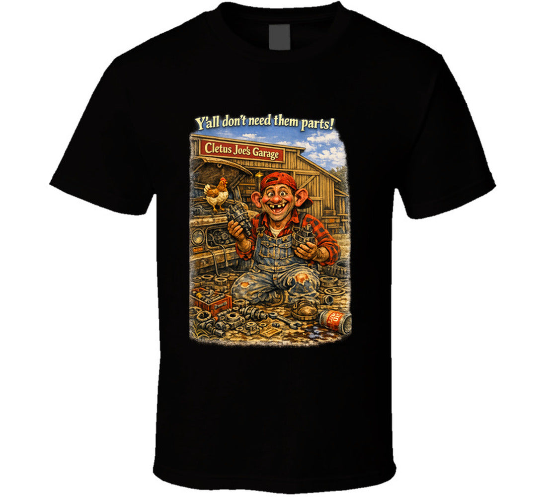 Cletus Joe's Garage funny mechanic graphic t-shirt in black – Smiling Wombat