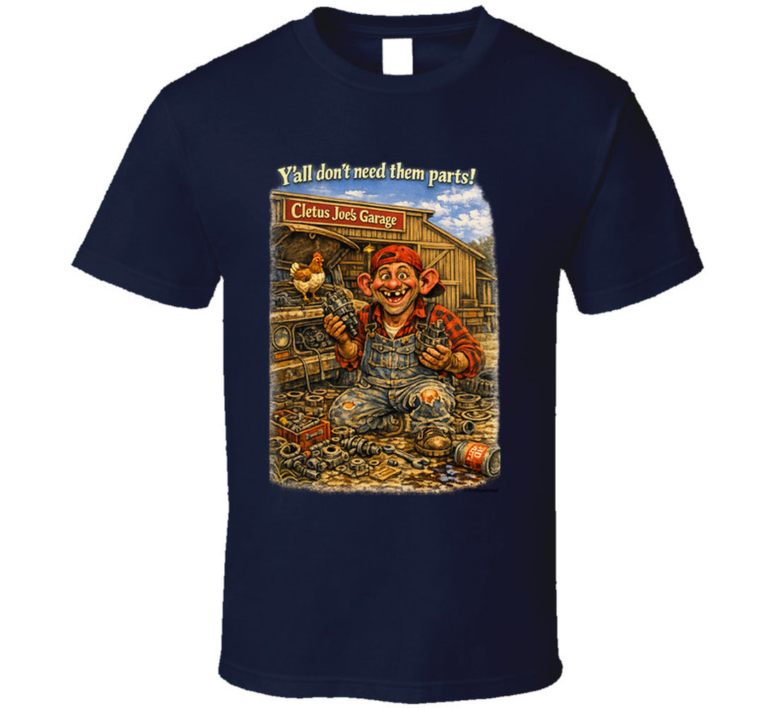 Cletus Joe's Garage funny mechanic graphic t-shirt in navy – Smiling Wombat