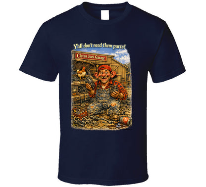 Cletus Joe's Garage funny mechanic graphic t-shirt in navy – Smiling Wombat