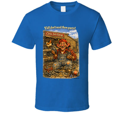 Cletus Joe's Garage funny mechanic graphic t-shirt in royal blue – Smiling Wombat