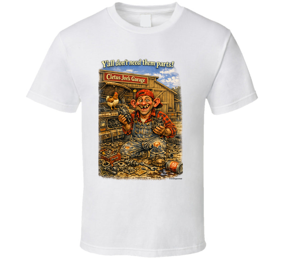 Cletus Joe's Garage funny mechanic graphic t-shirt in white – Smiling Wombat