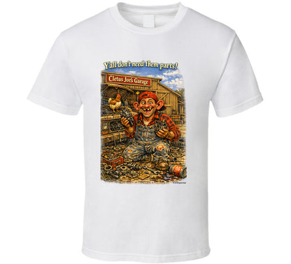 Cletus Joe's Garage funny mechanic graphic t-shirt in white – Smiling Wombat
