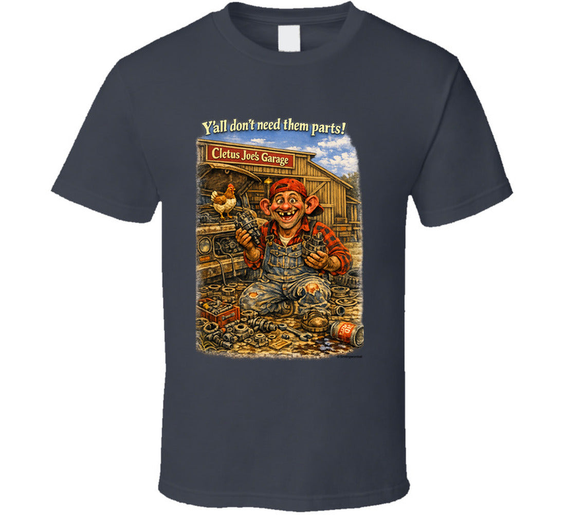 Cletus Joe's Garage funny mechanic graphic t-shirt in charcoal grey – Smiling Wombat