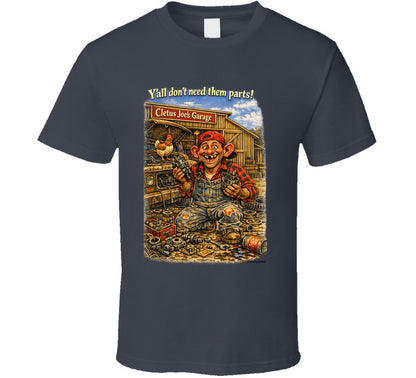 Cletus Joe's Garage funny mechanic graphic t-shirt in charcoal grey – Smiling Wombat