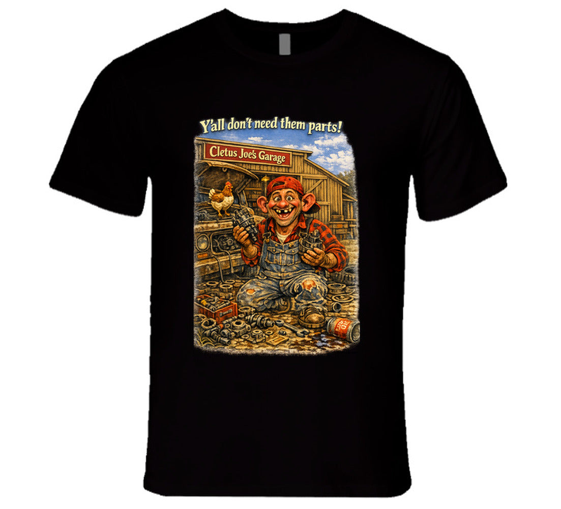 Cletus Joe's Garage funny mechanic graphic t-shirt in black – Smiling Wombat