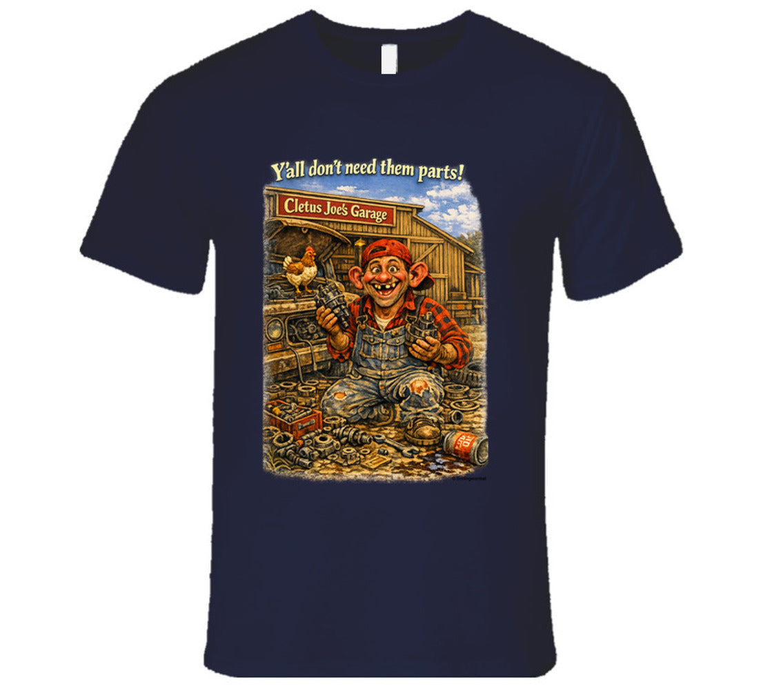 Cletus Joe's Garage funny mechanic graphic t-shirt in navy – Smiling Wombat