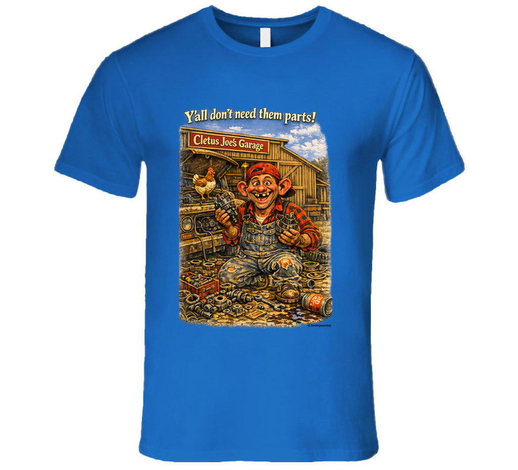Cletus Joe's Garage funny mechanic graphic t-shirt in royal blue – Smiling Wombat