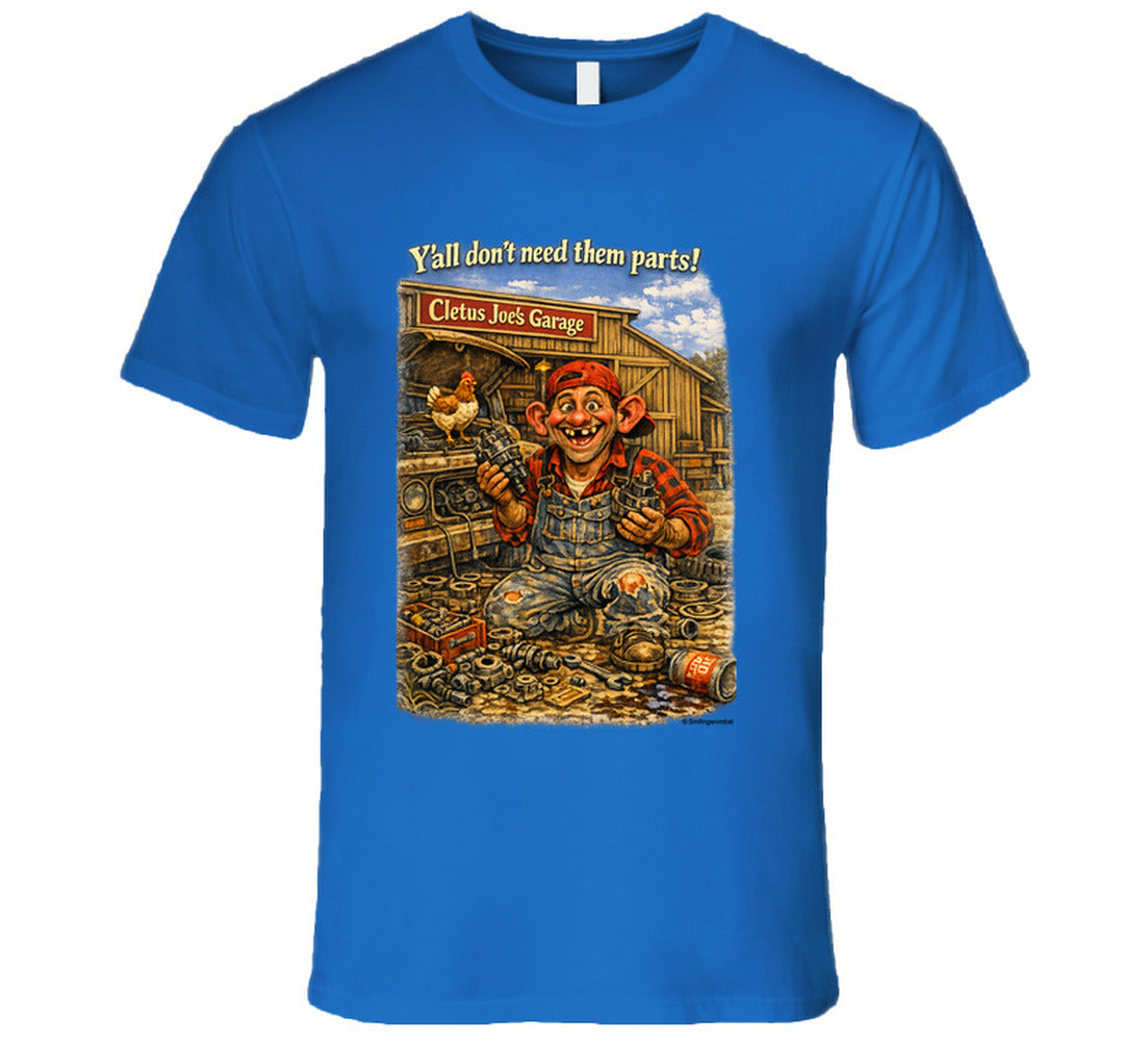 Cletus Joe's Garage funny mechanic graphic t-shirt in royal blue – Smiling Wombat