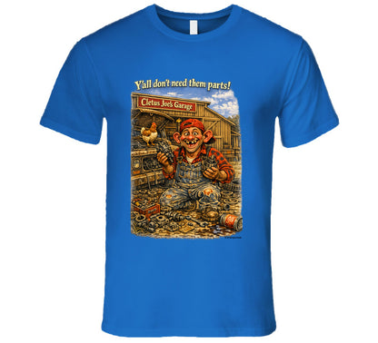 Cletus Joe's Garage funny mechanic graphic t-shirt in royal blue – Smiling Wombat