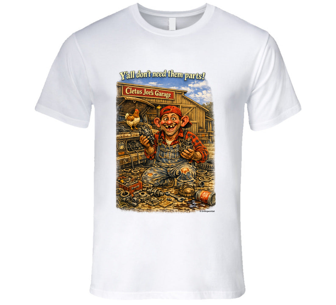 Cletus Joe's Garage funny mechanic graphic t-shirt in white – Smiling Wombat