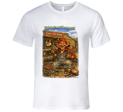 Cletus Joe's Garage funny mechanic graphic t-shirt in white – Smiling Wombat