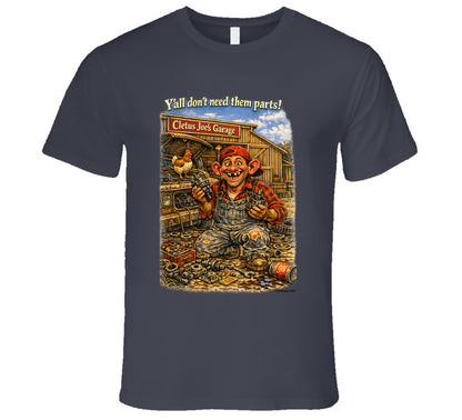 Cletus Joe's Garage funny mechanic graphic t-shirt in charcoal grey – Smiling Wombat