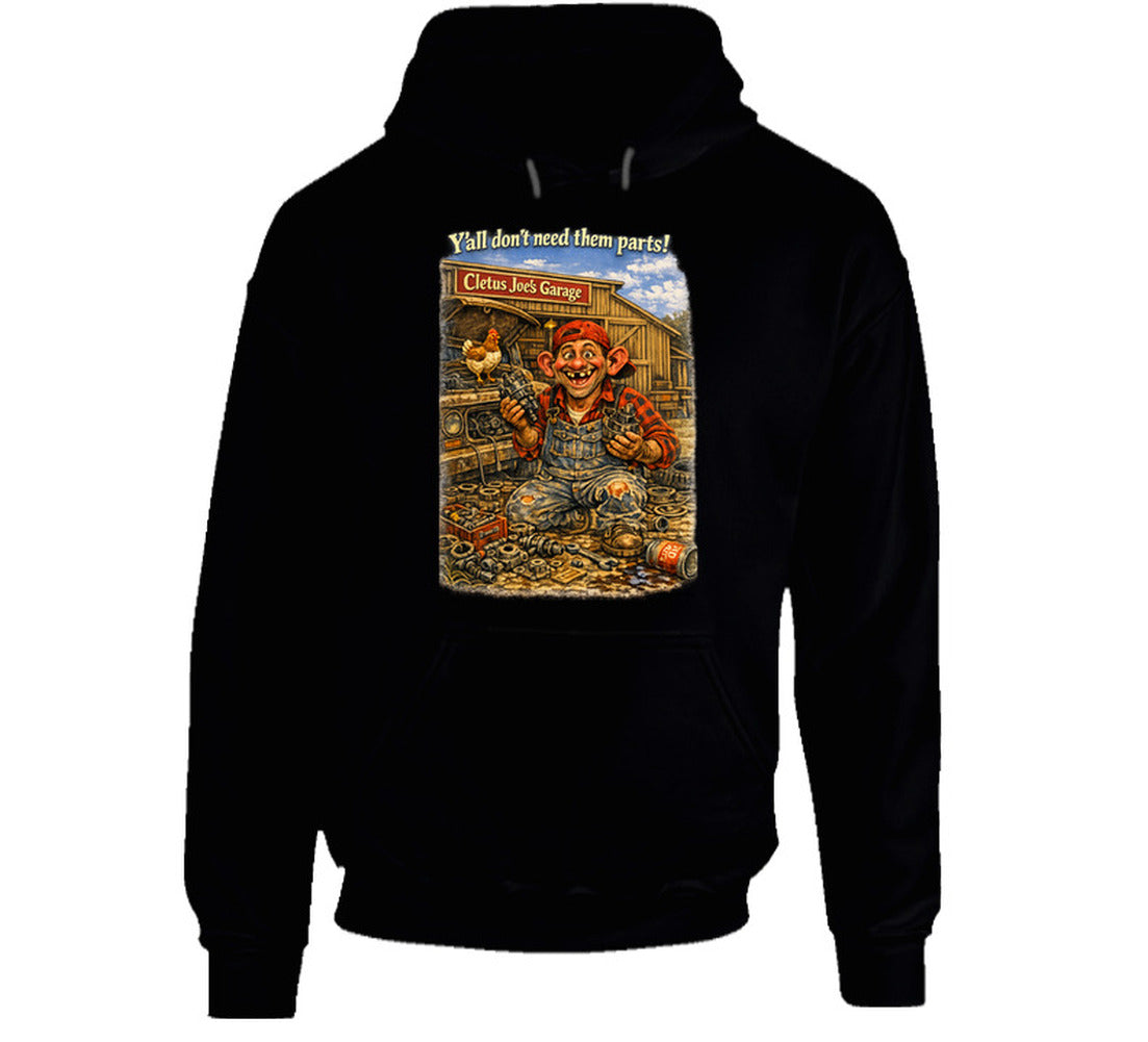Cletus Joe's Garage funny mechanic graphic hoodie in black – Smiling Wombat