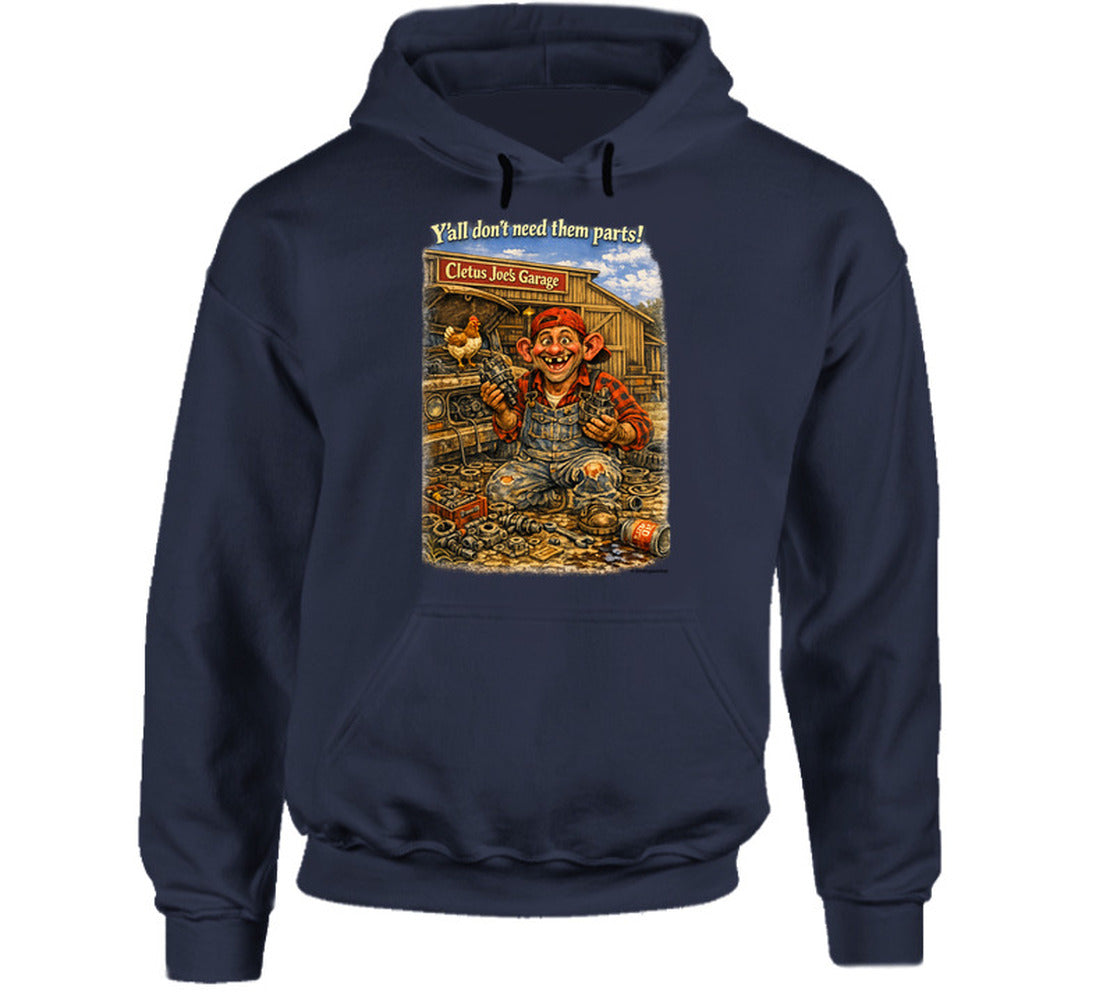 Cletus Joe's Garage funny mechanic graphic hoodie in navy – Smiling Wombat