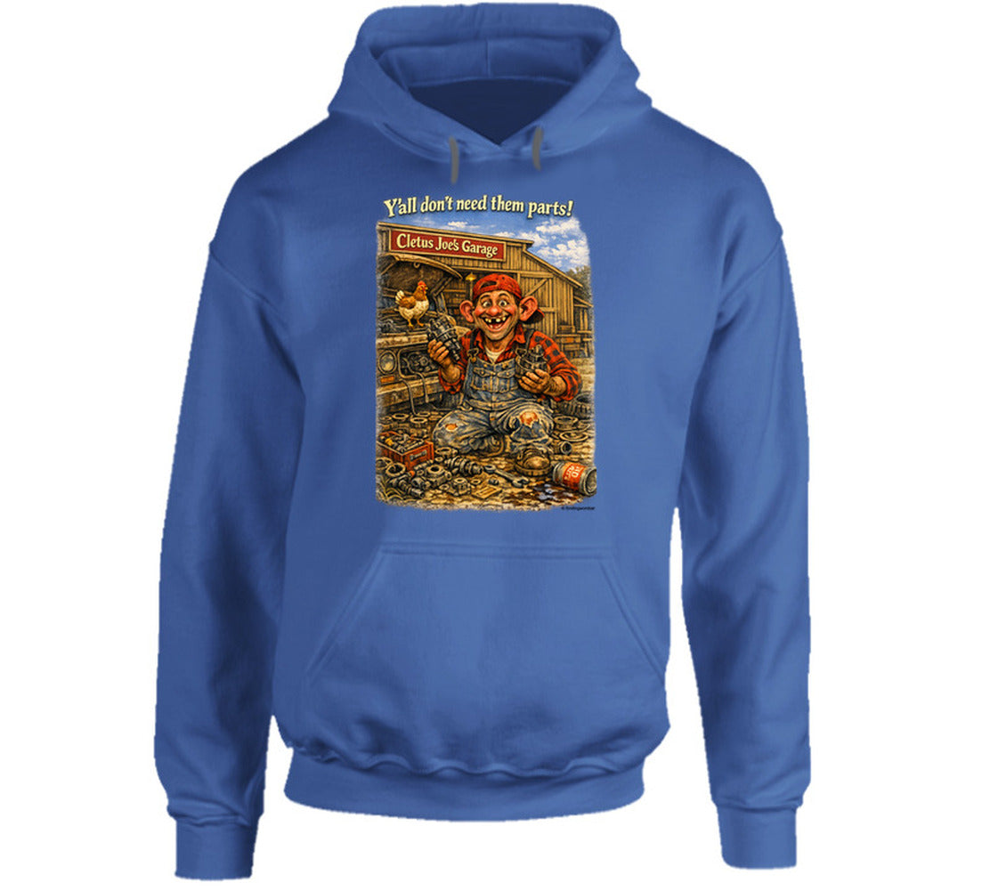 Cletus Joe's Garage funny mechanic graphic hoodie in royal blue – Smiling Wombat