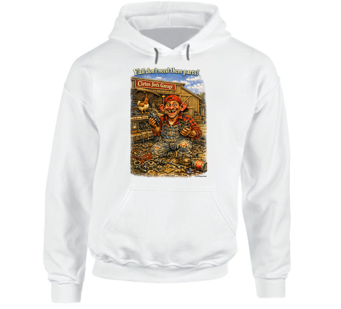 Cletus Joe's Garage funny mechanic graphic hoodie in white – Smiling Wombat