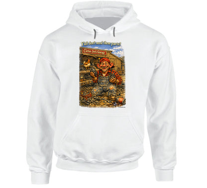 Cletus Joe's Garage funny mechanic graphic hoodie in white – Smiling Wombat