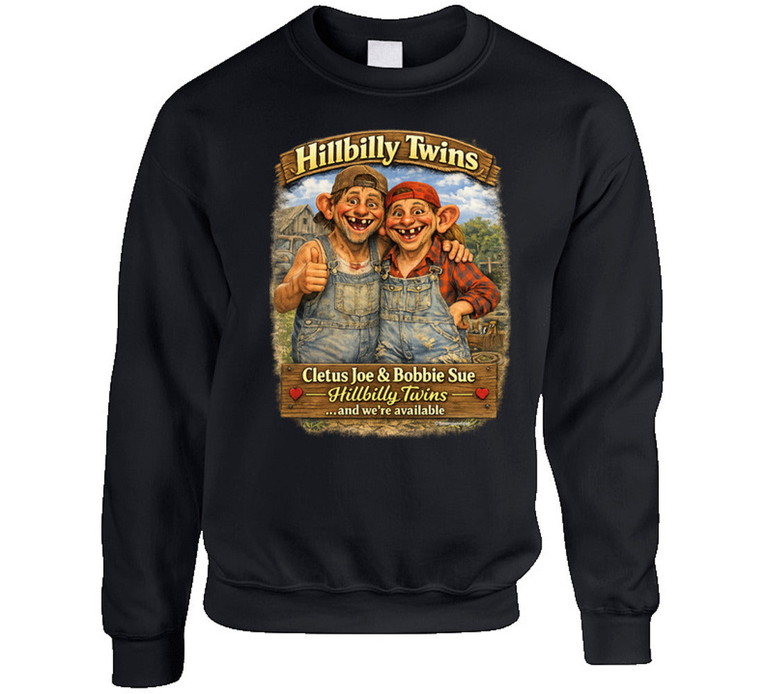 Funny hillbilly twins retro graphic sweatshirt in black