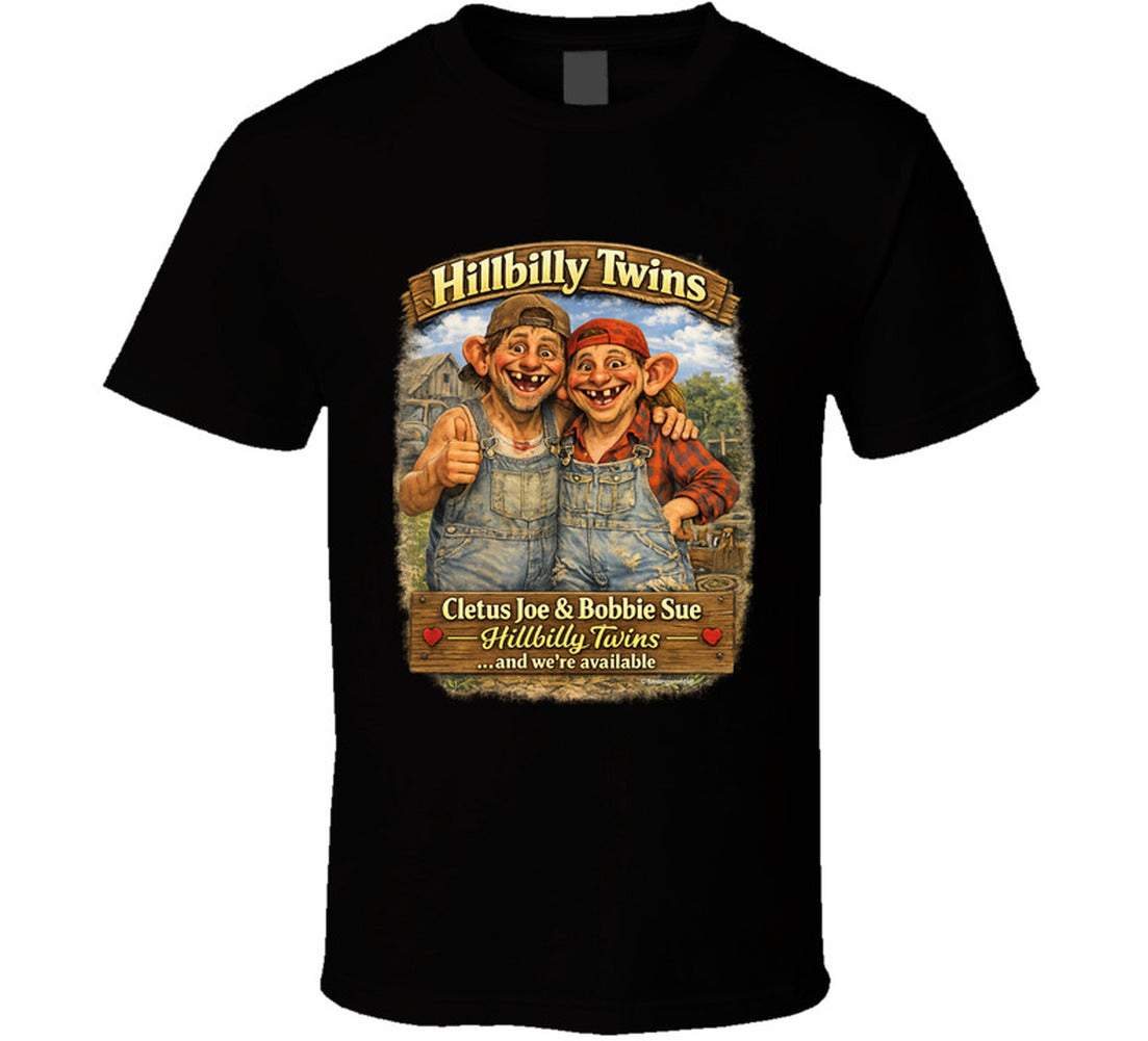 Hillbilly Twins retro country humor graphic tee in black