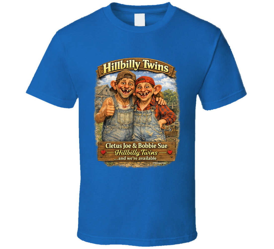Funny hillbilly twins country graphic t-shirt in royal blue