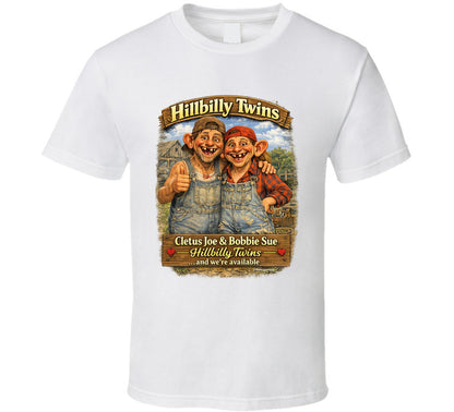 Hillbilly Twins Cletus Joe Bobbie Sue funny country graphic t-shirt in white