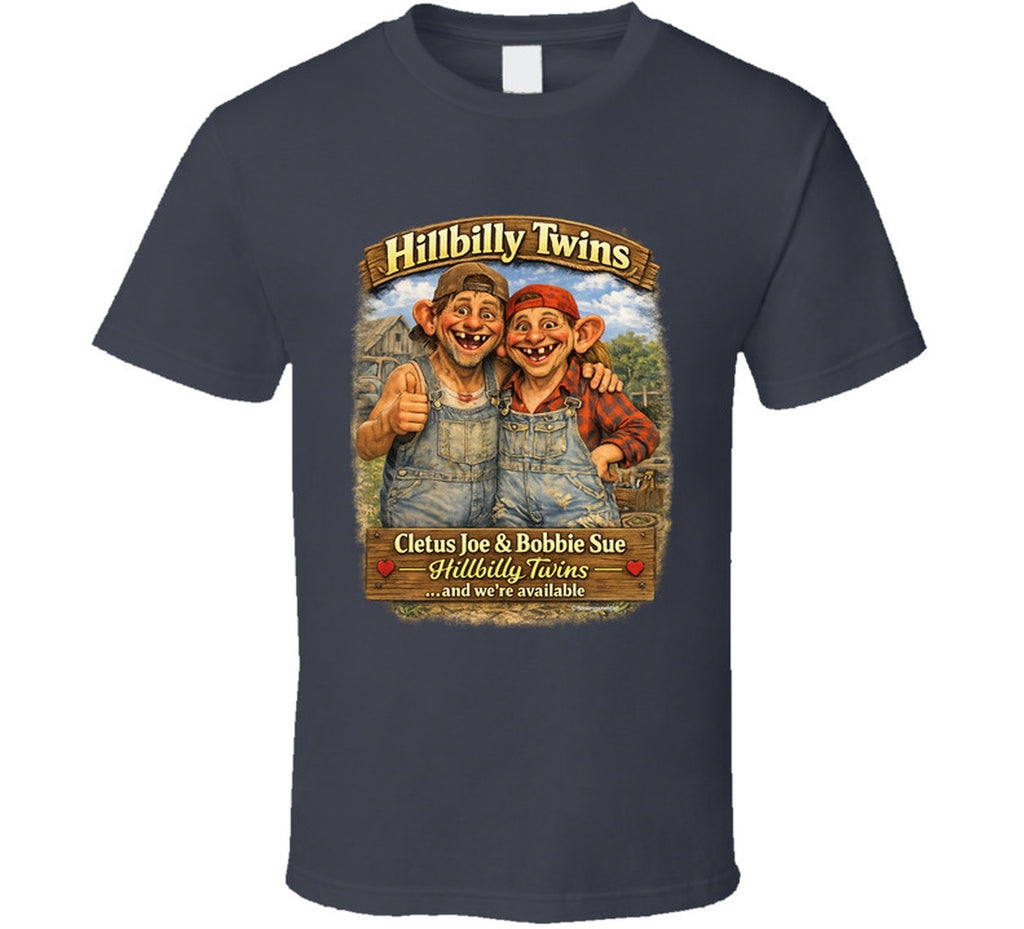 Hillbilly Twins Americana humor t-shirt in charcoal grey