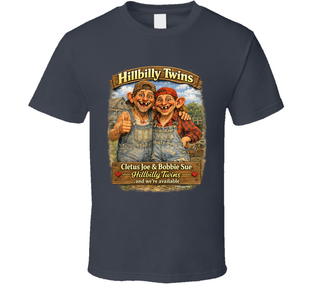 Hillbilly Twins Americana humor t-shirt in charcoal grey